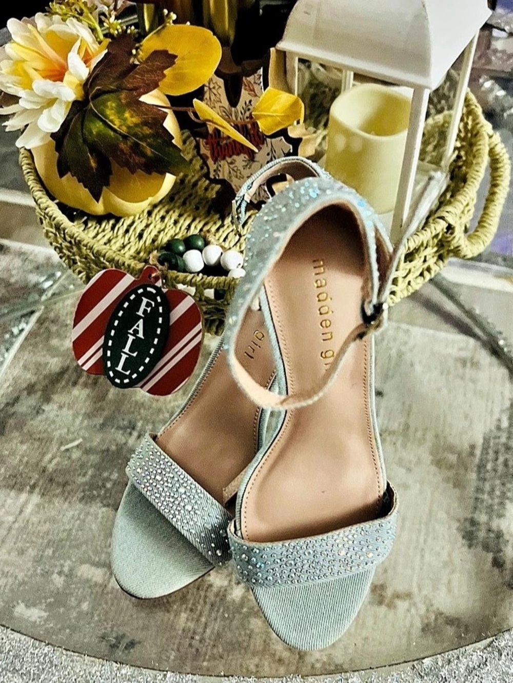 Madden Girl Rhinestone Ankle Strap Heels in Blue Denim